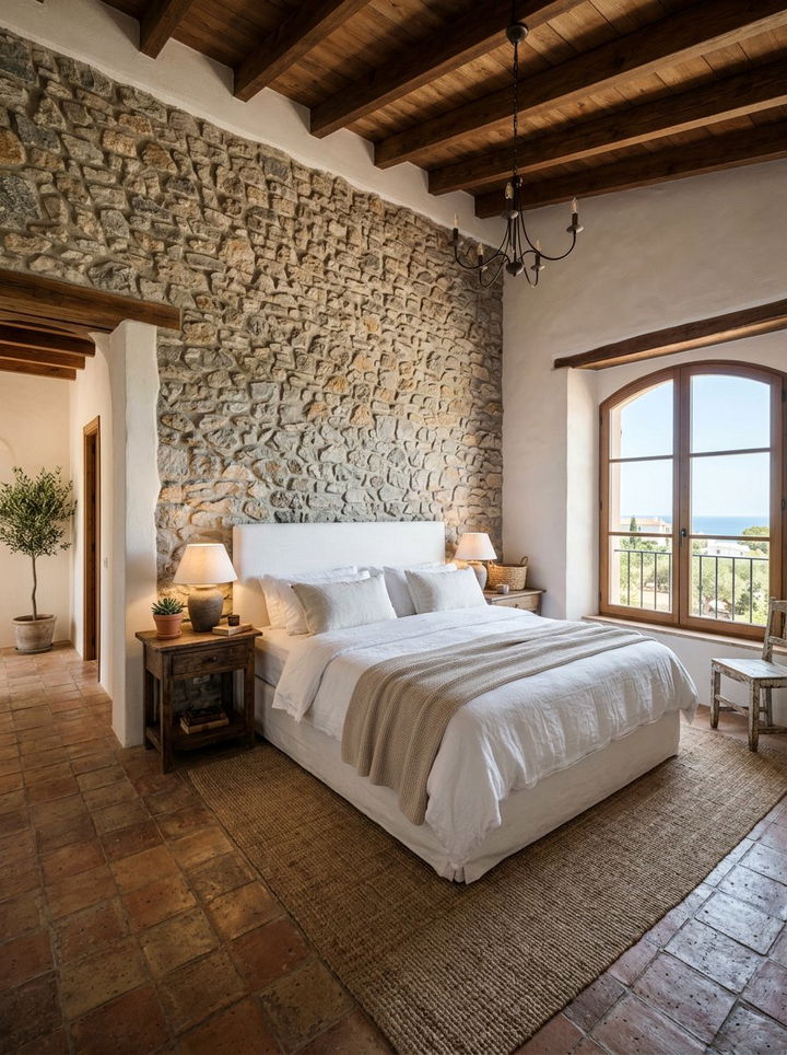 Rough stone wall bedroom - 30 Greek bedroom ideas