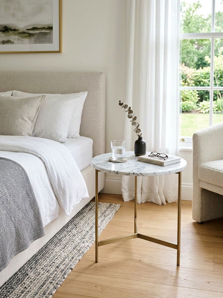 Round Marble Side Table - 30 soft minimalist bedroom ideas