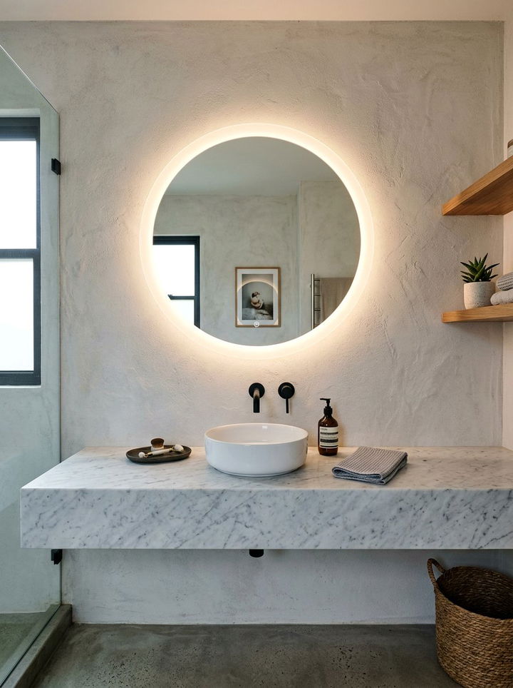 Round Mirror LED - 30 bedroom LED lighting ideas