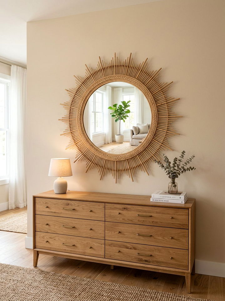 Round Sunburst Mirror - 30 bohemian beige bedroom ideas
