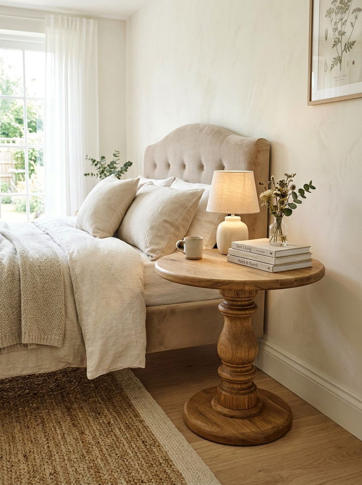 Round Wood Pedestal Nightstand - 30 bedroom rustic nightstands