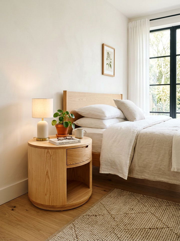 Round Wooden Nightstand - 30 warm minimalist bedroom ideas