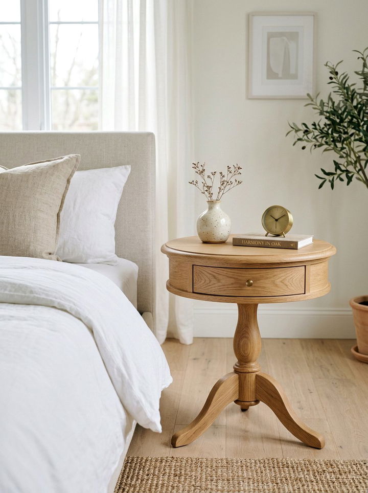 Round Wooden Nightstand - 30 light academia bedroom ideas