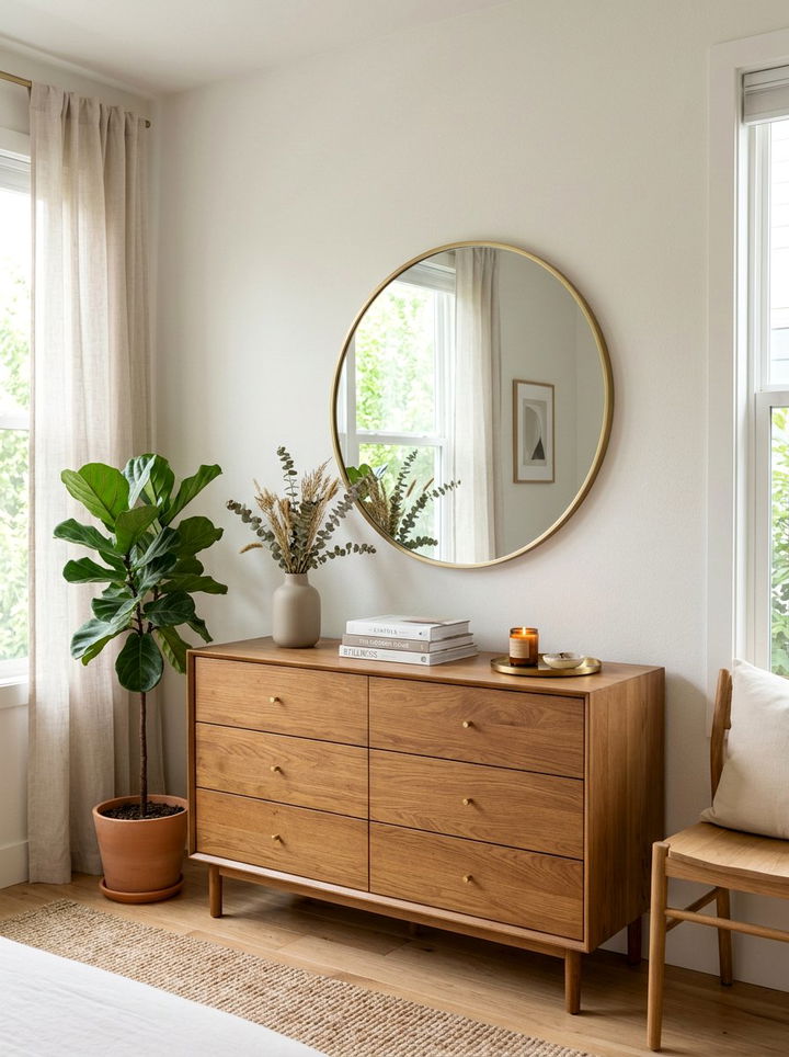 Round mirror decor - 30 calming bedroom ideas