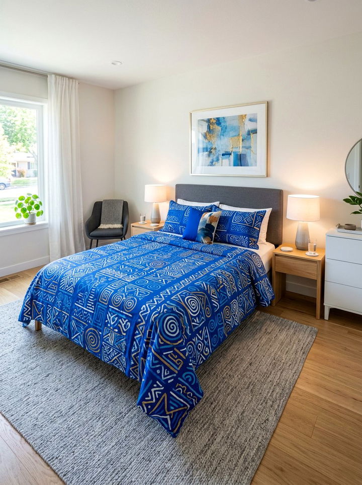 Royal Blue Patterned Bedspread - 30 blue bedroom ideas
