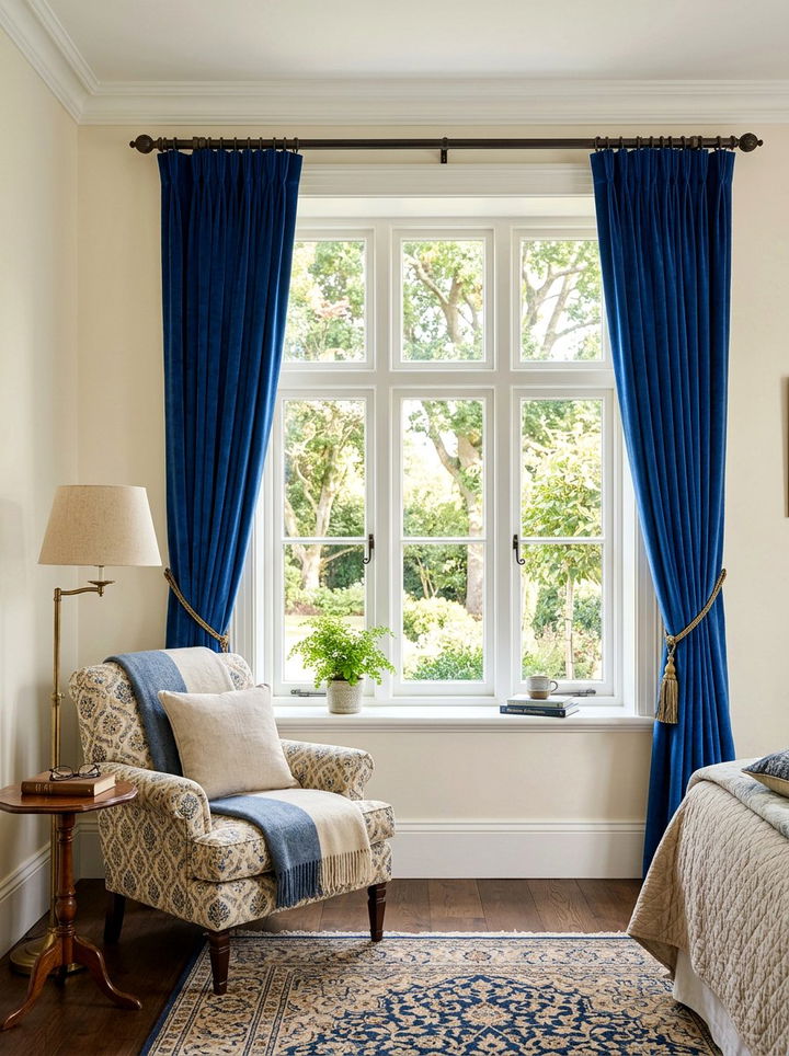 Royal blue velvet curtains - 30 traditional blue bedroom ideas