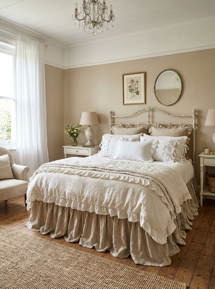 Ruffled linen shabby chic bedroom - 30 French shabby chic bedroom ideas
