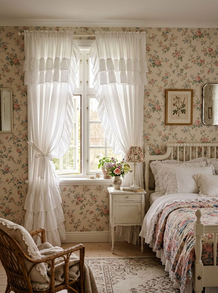 Ruffled window curtains - 30 grandmillennial bedroom ideas