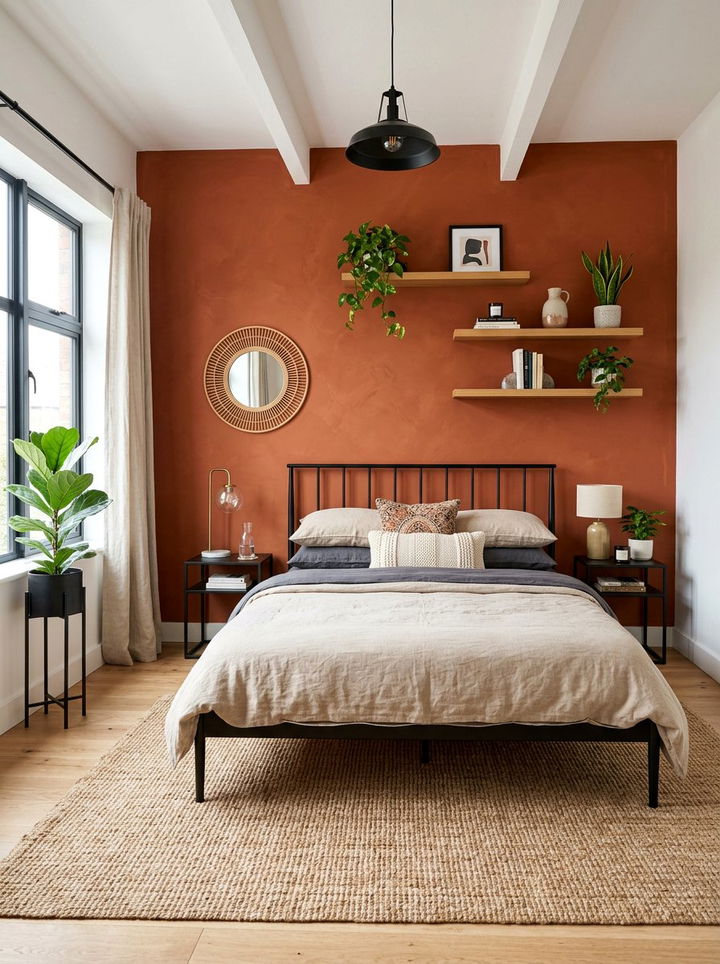 Rust Orange Feature Wall - 30 colorful bedroom accent wall ideas
