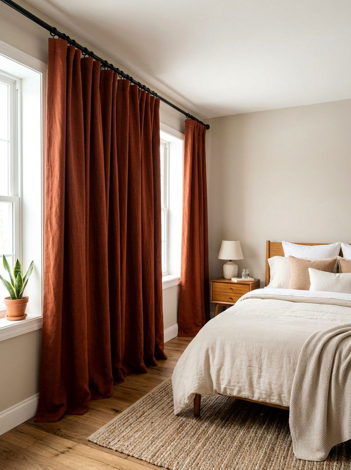 Rust colored blackout curtains - 30 rust and beige bedroom ideas