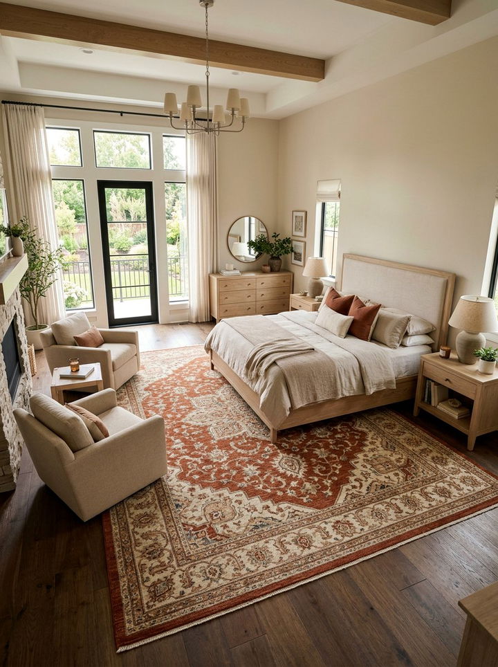 Rust patterned area rug - 30 rust and beige bedroom ideas