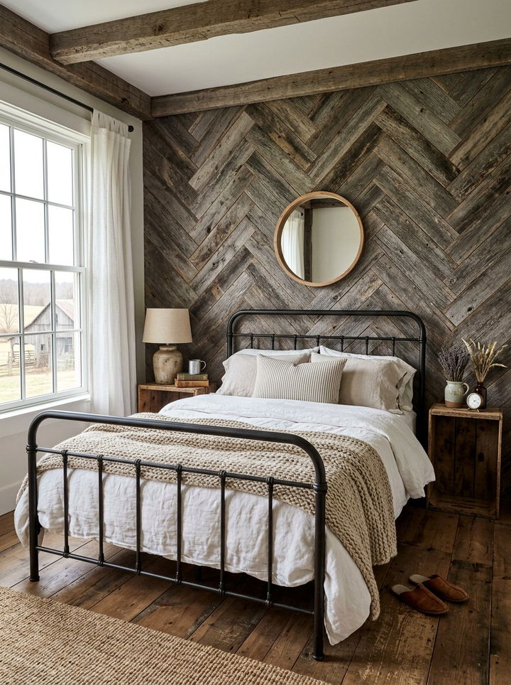 Rustic Barn Wood Herringbone Wall - 30 bedroom herringbone wall ideas
