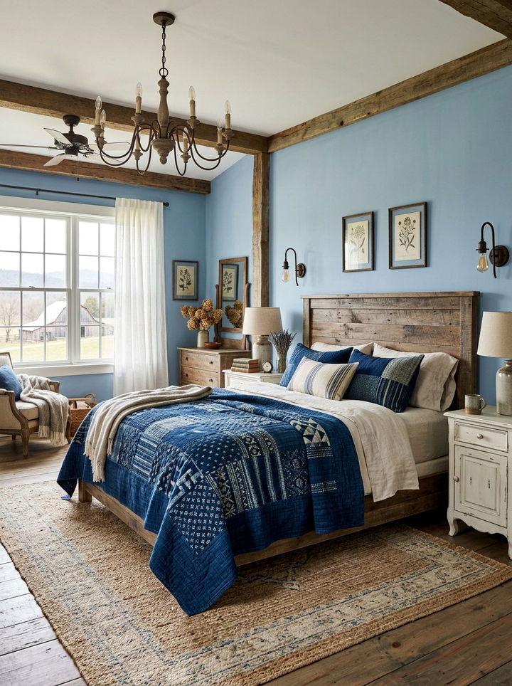 Rustic Blue Farmhouse Bedroom - 30 indigo bedroom ideas