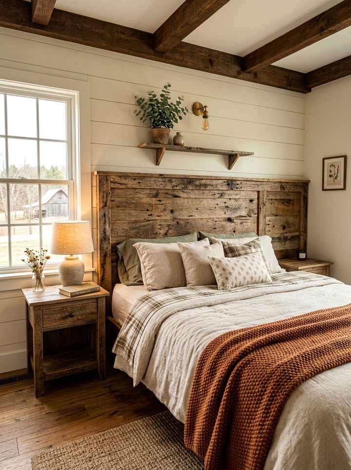 Rustic Reclaimed Wood Headboard - 30 bedroom floating headboard ideas