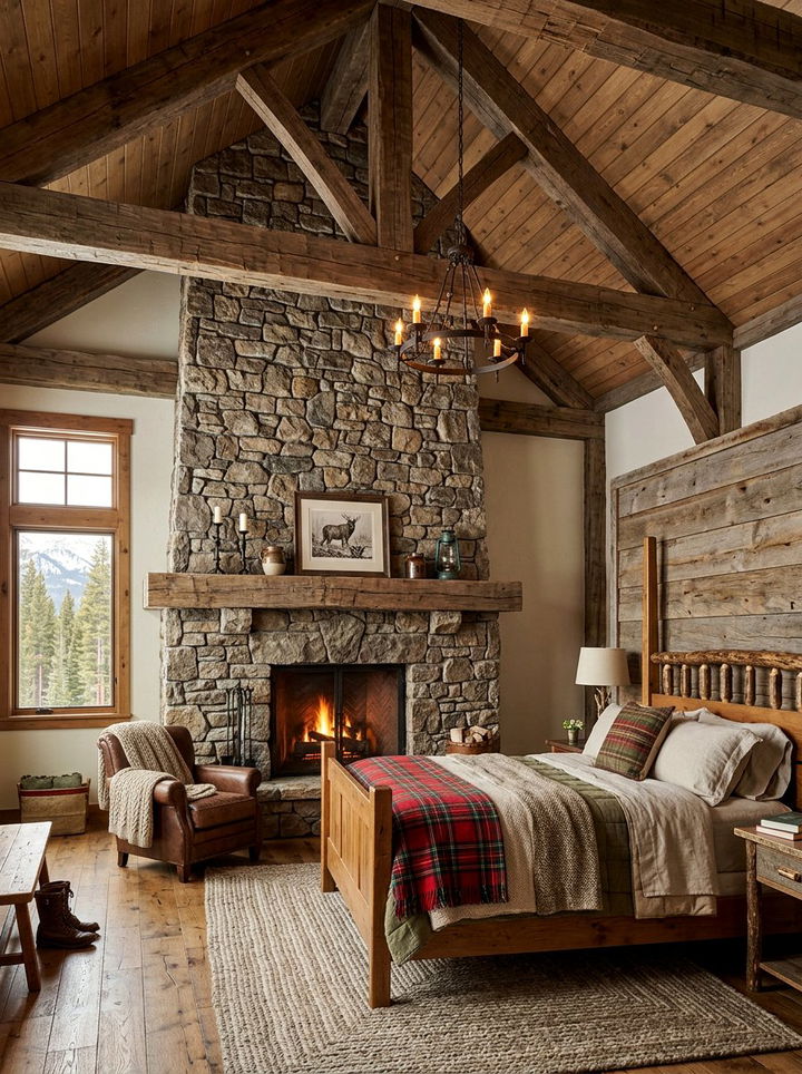 Rustic Stone Fireplace Master Suite - 30 bedroom with fireplace ideas