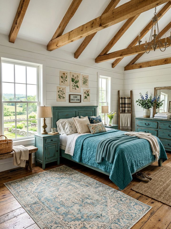 Rustic Teal Farmhouse Bedroom - 30 teal bedroom ideas
