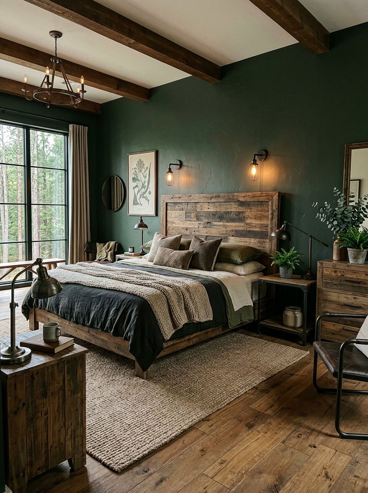 Rustic Wood Bed Green Walls - 30 industrial green bedroom ideas