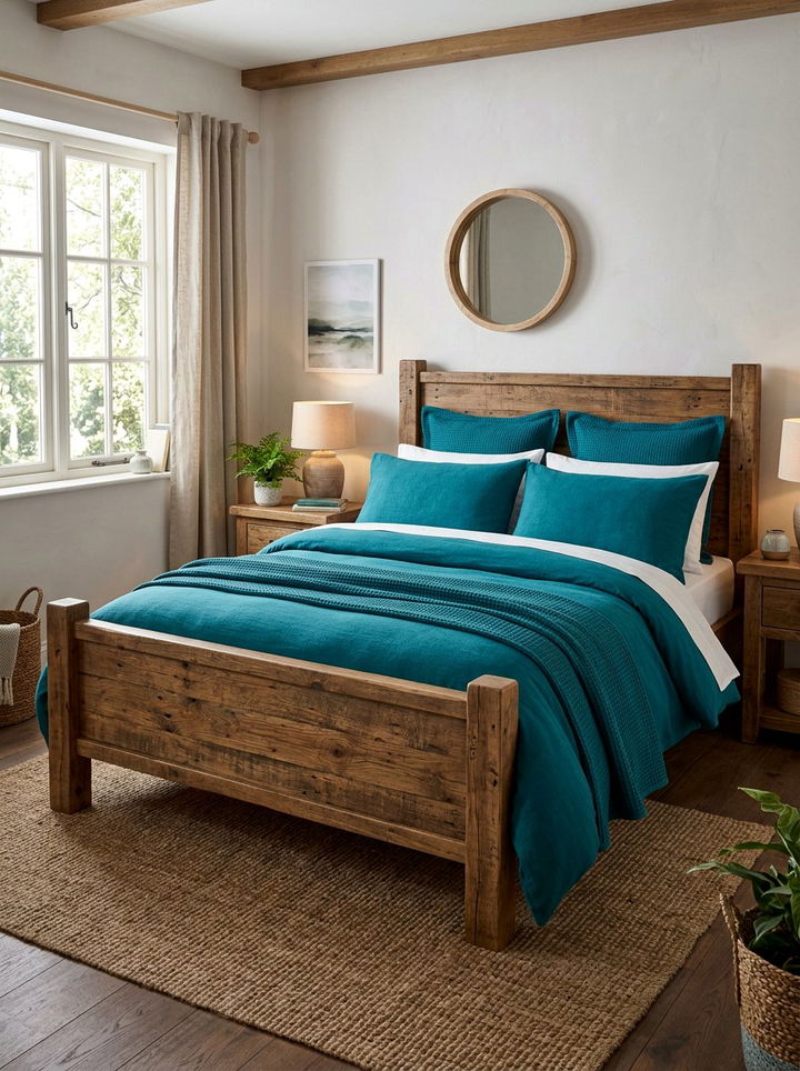 Rustic Wood Bed With Teal Linens - 30 farmhouse teal bedroom ideas