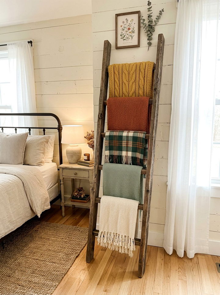 Rustic Wood Blanket Ladder - 30 bedroom reclaimed wood furniture ideas