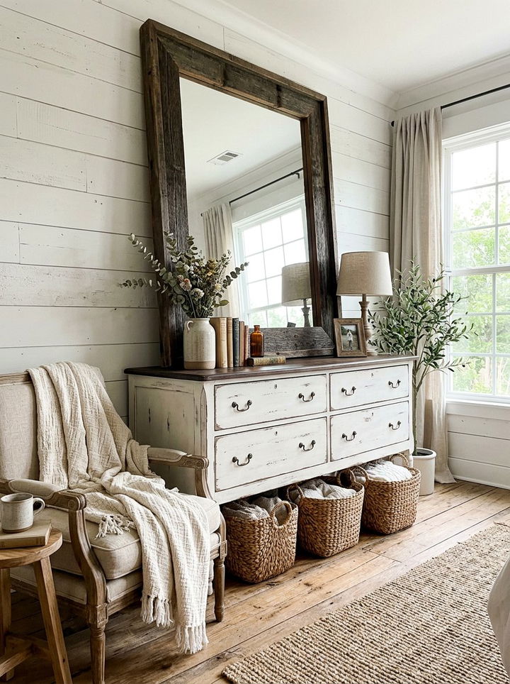Rustic farmhouse dresser with oversized mirror - 30 bedroom dresser with mirror ideas