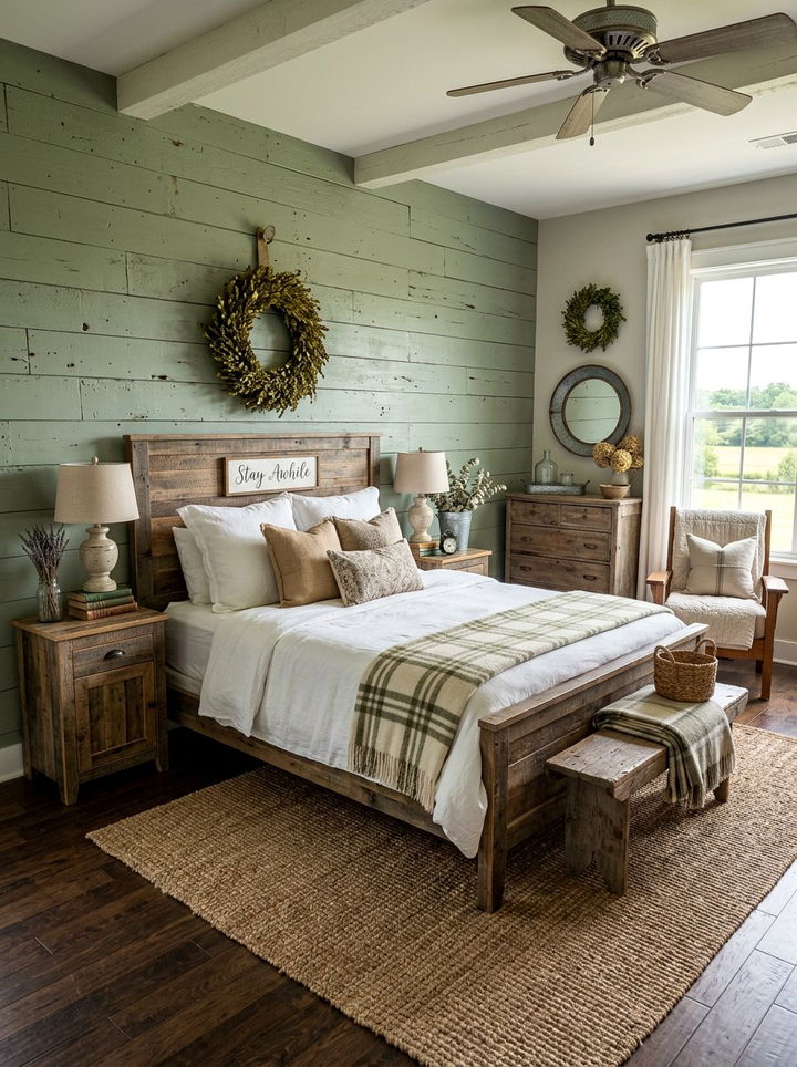 Rustic green farmhouse bedroom - 30 botanical green bedroom ideas