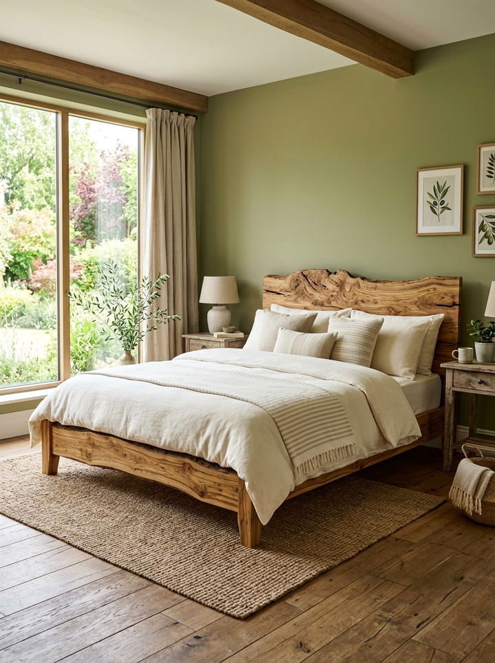Rustic olive wood bed - 30 olive and cream bedroom ideas