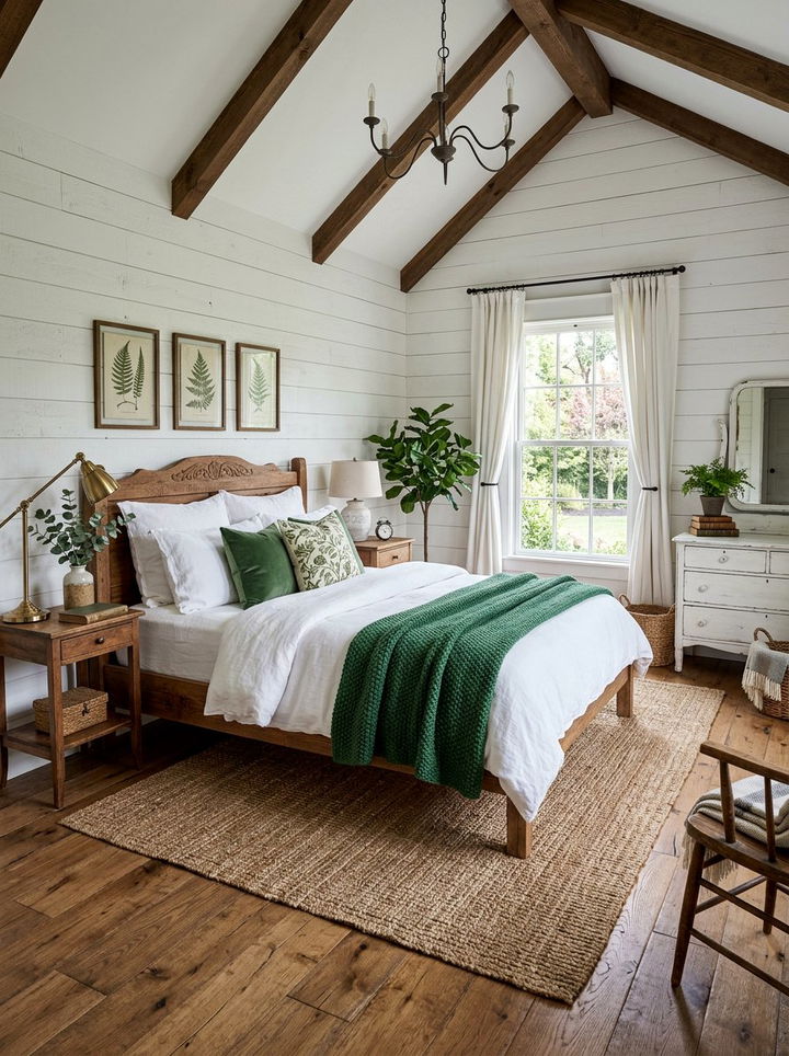 Rustic white bedroom with green accents - 30 emerald and white bedroom ideas