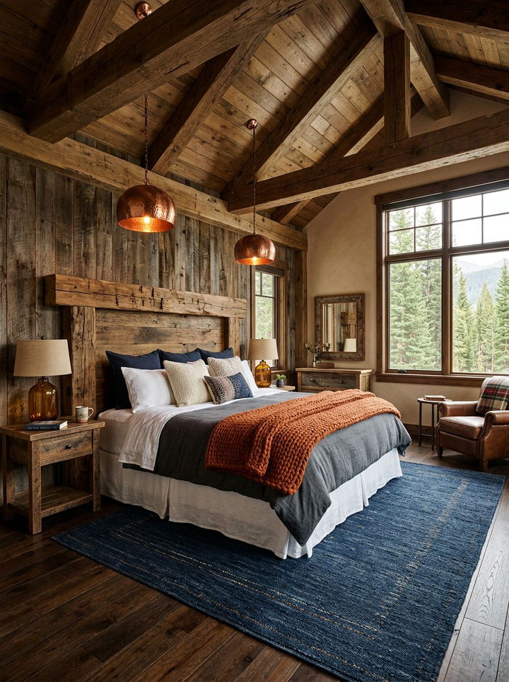 Rustic wood and navy orange bedroom - 30 burnt orange and navy bedroom ideas