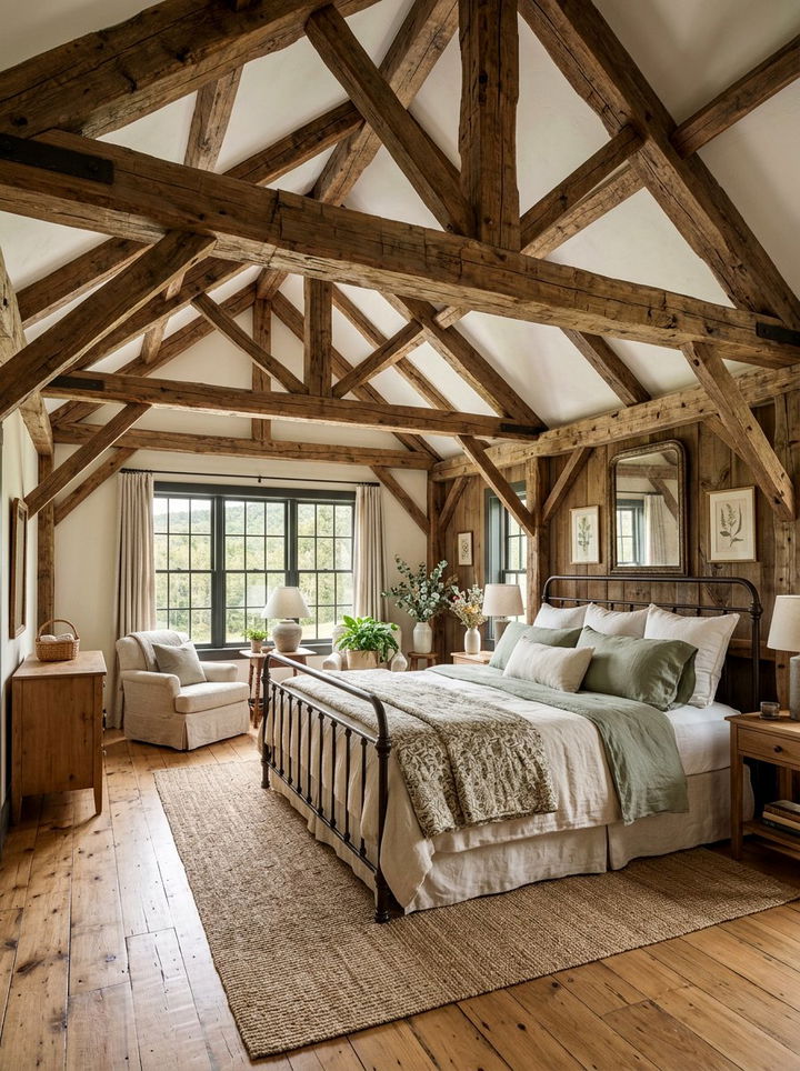 Rustic wood ceiling beams - 30 cottage core bedroom ideas