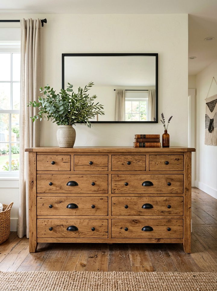 Rustic wood dresser with black hardware - 30 farmhouse black bedroom ideas
