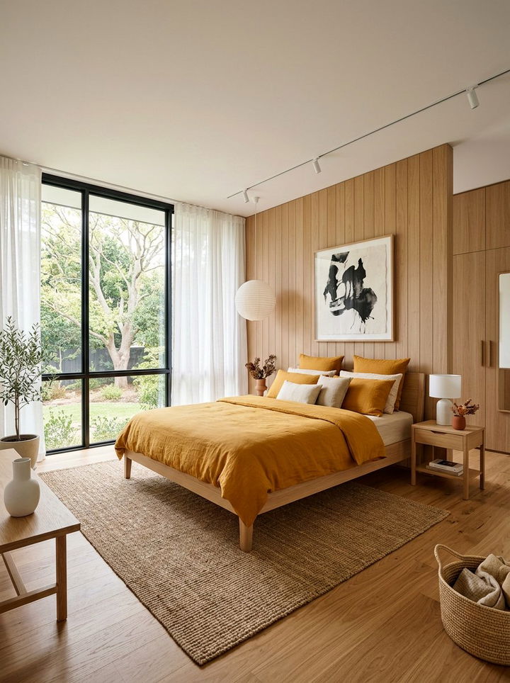 Saffron and light oak bedroom - 30 sunset inspired bedroom color ideas