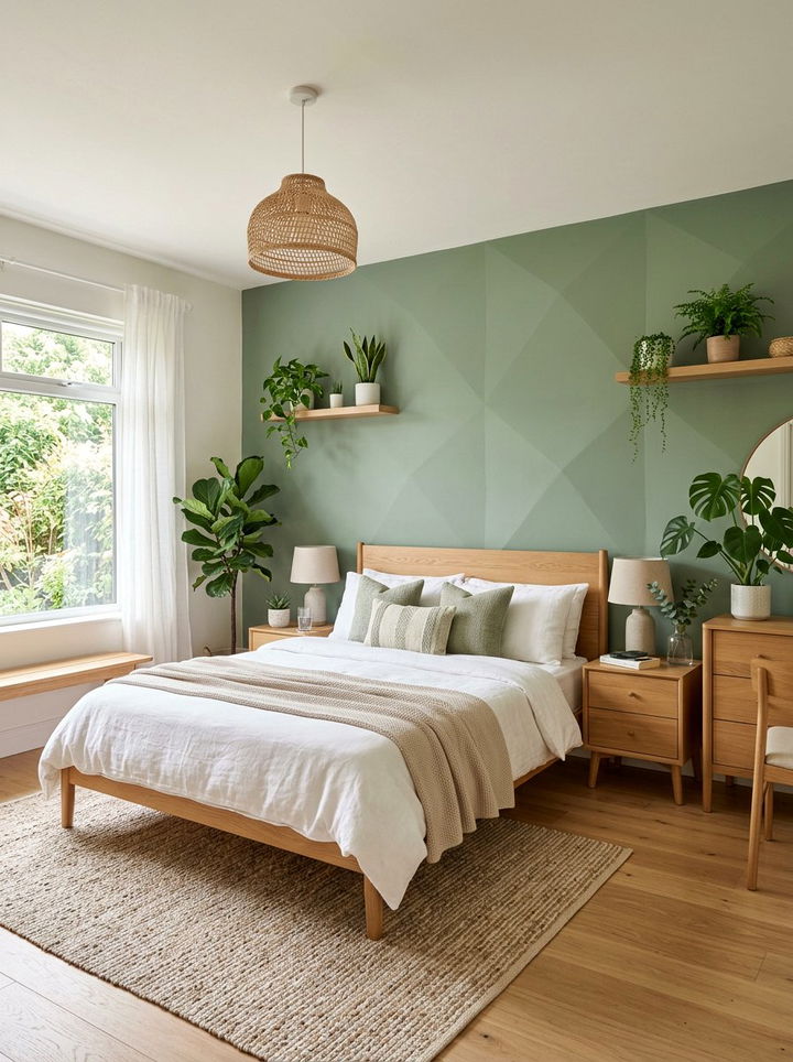 Sage Green Geometric Accent Wall - 30 bedroom geometric wallpapers