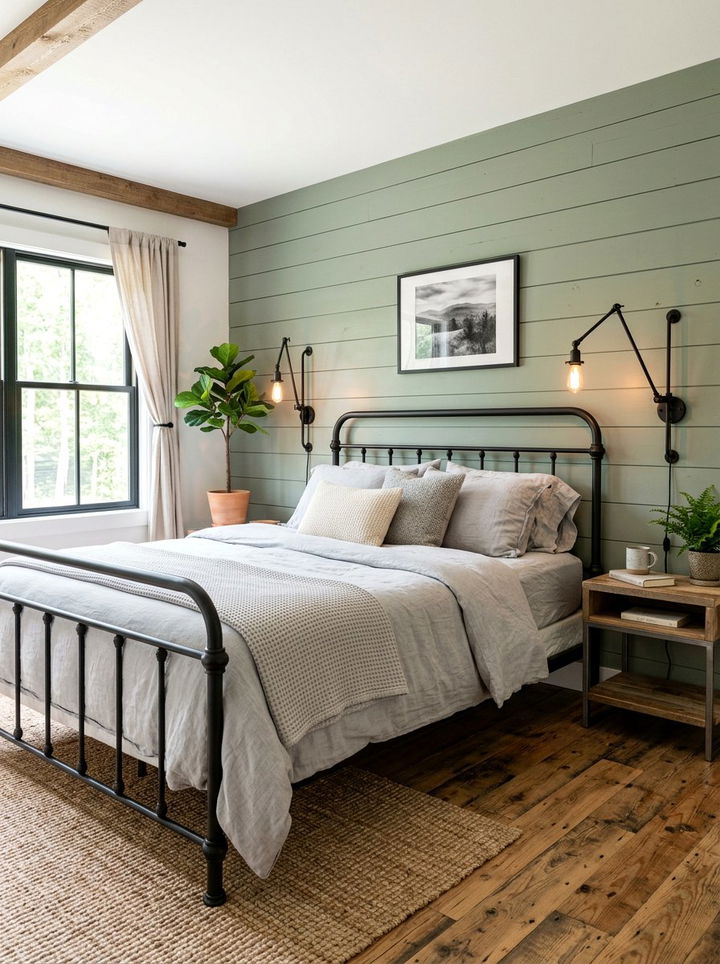 Sage Green Shiplap Wall - 30 industrial green bedroom ideas