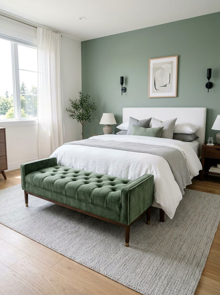 Sage Velvet Bench - 30 sage bedroom decor ideas