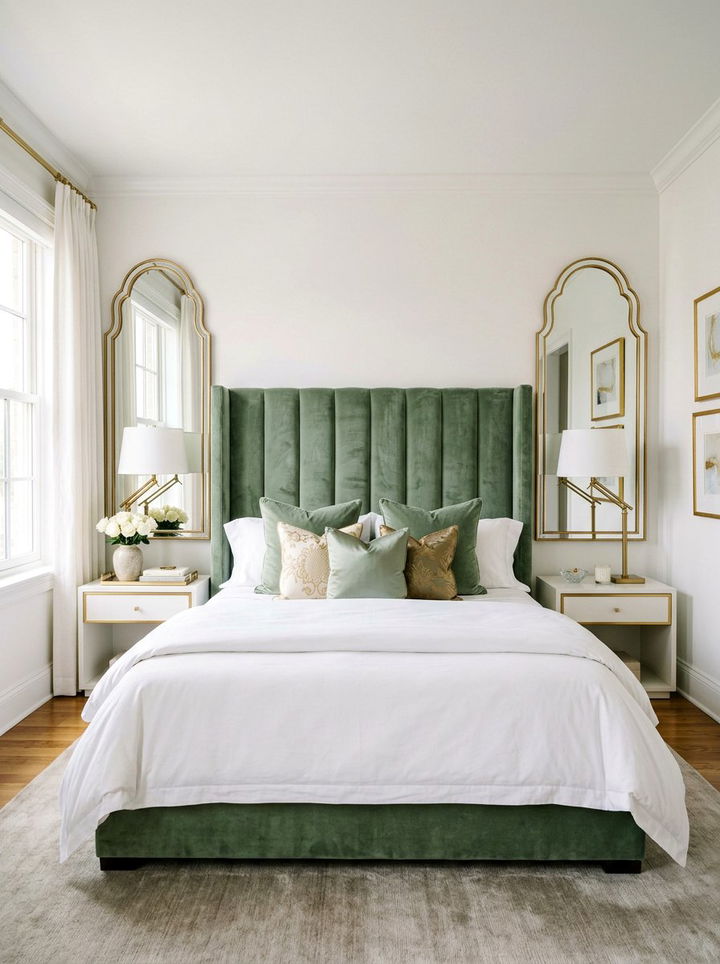 Sage Velvet Headboard - 30 sage bedroom decor ideas