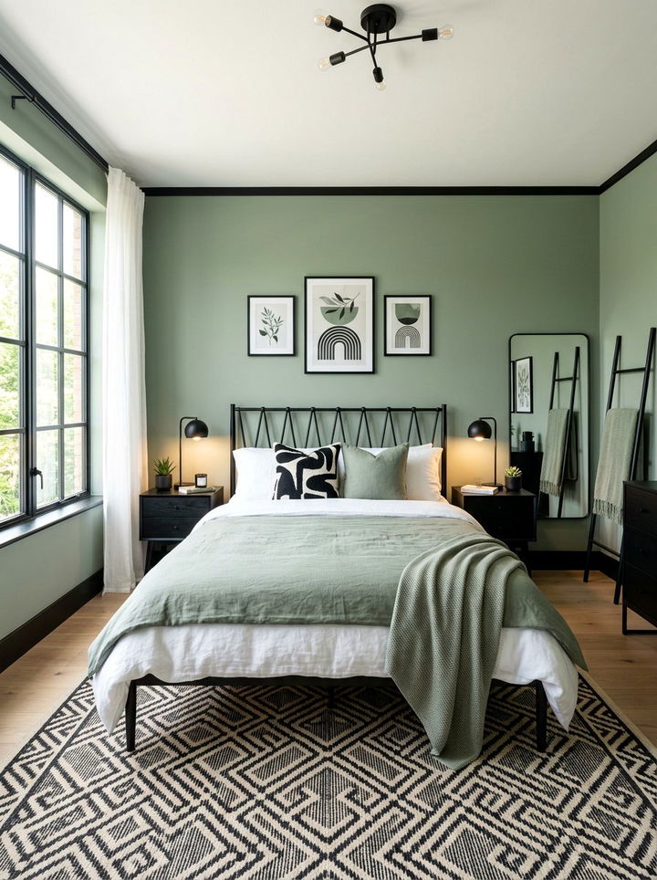 Sage and Black Accents - 30 sage bedroom decor ideas