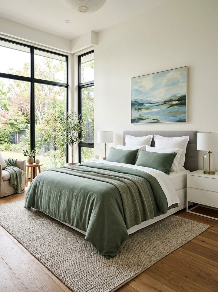 Sage and White Bedding - 30 sage bedroom decor ideas