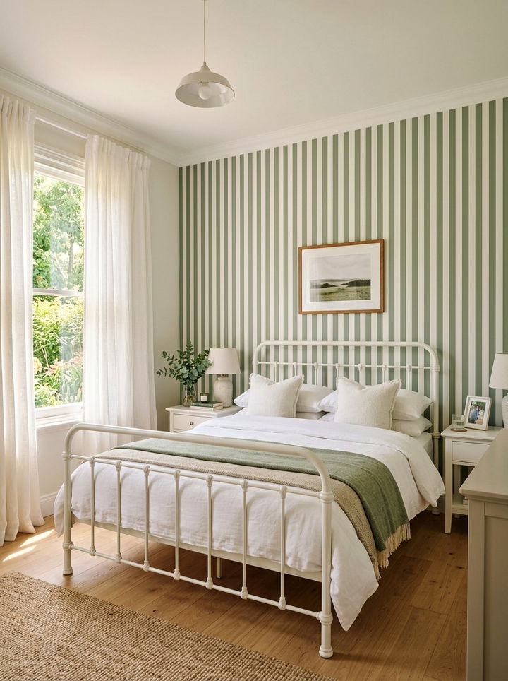 Sage and white striped wall - 30 sage and white bedroom ideas