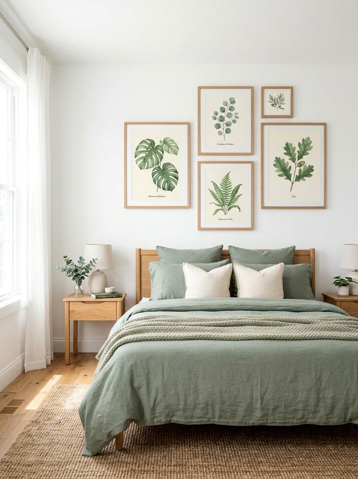 Sage green botanical wall art - 30 sage and white bedroom ideas