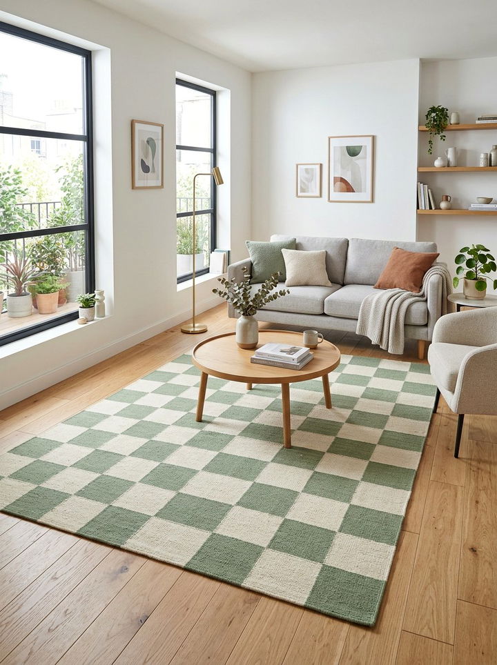 Sage green checkerboard rug - 30 sage and white bedroom ideas