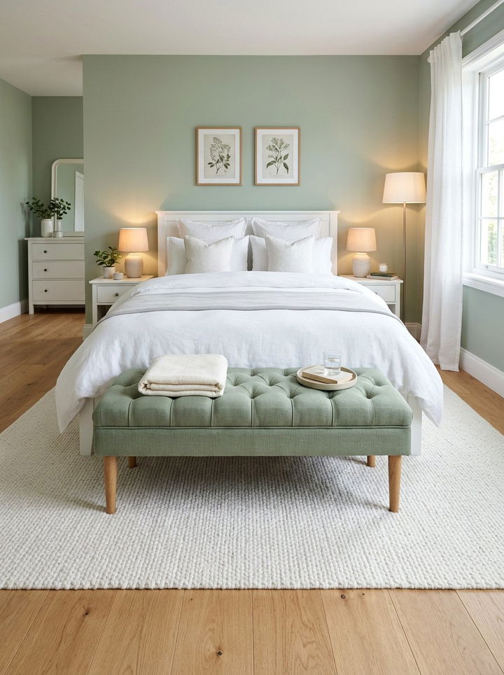 Sage green end of bed bench - 30 sage and white bedroom ideas