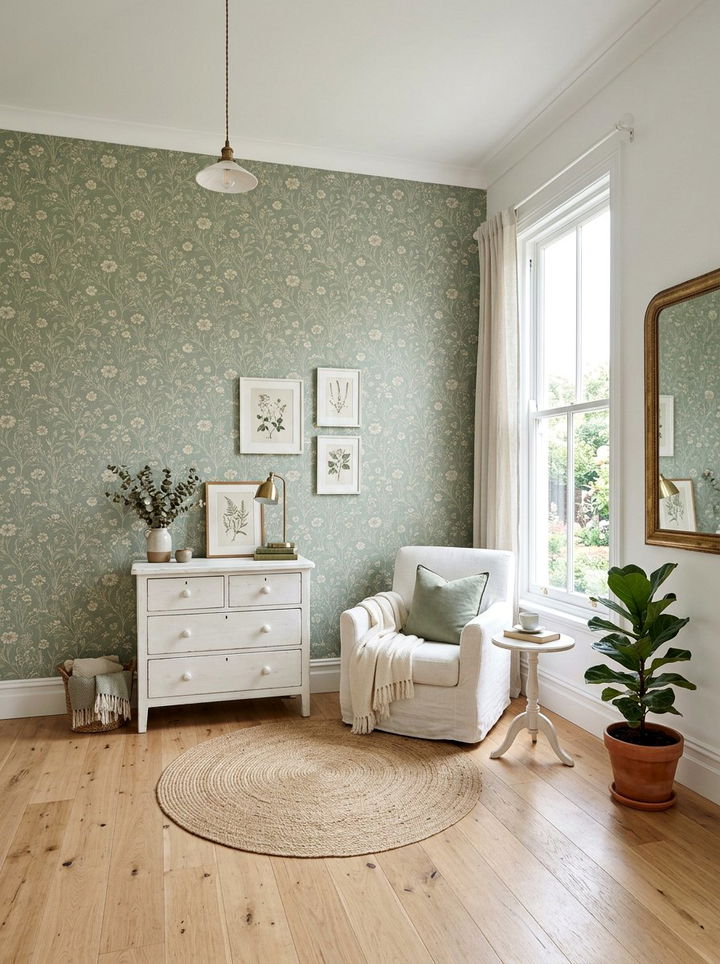 Sage green floral wallpaper - 30 sage and white bedroom ideas
