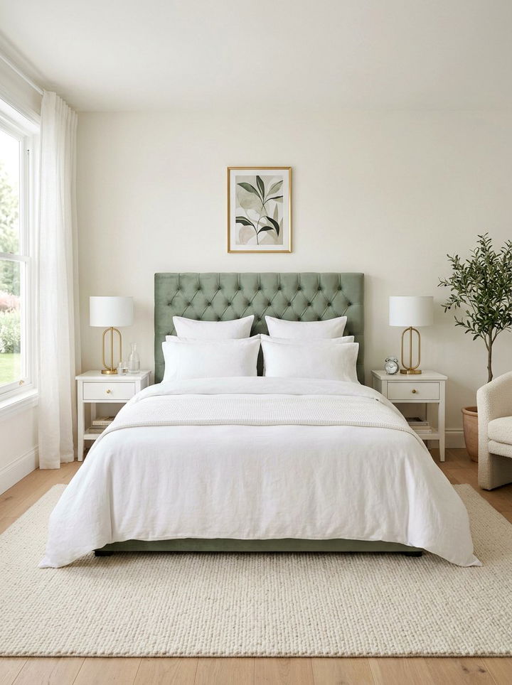 Sage green headboard - 30 sage and white bedroom ideas