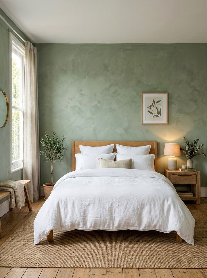 Sage green lime wash wall - 30 sage and white bedroom ideas