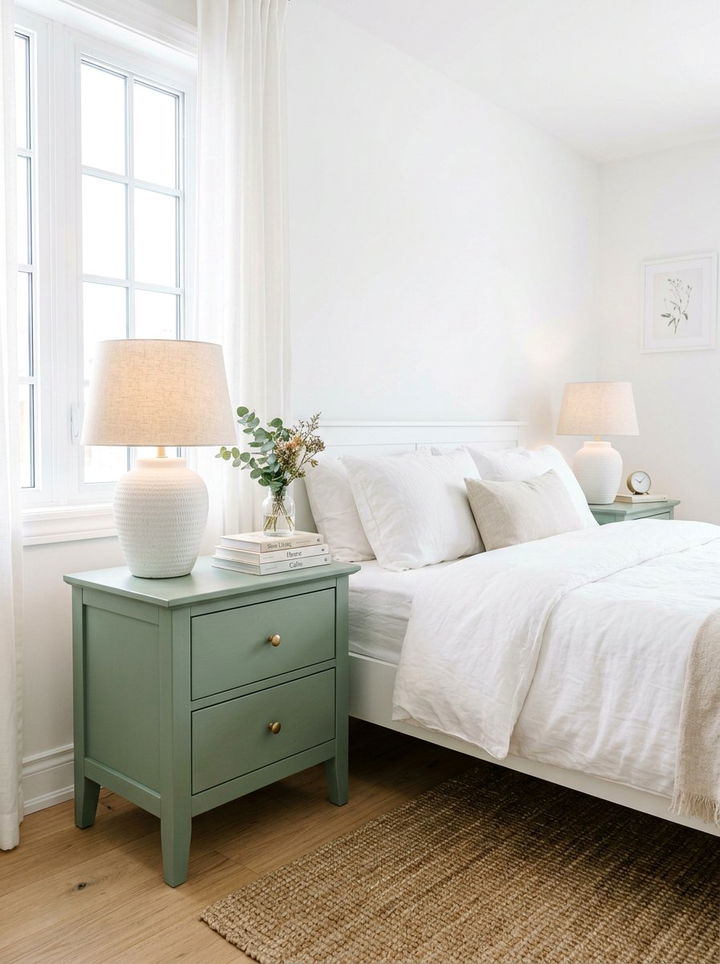Sage green nightstand - 30 sage and white bedroom ideas