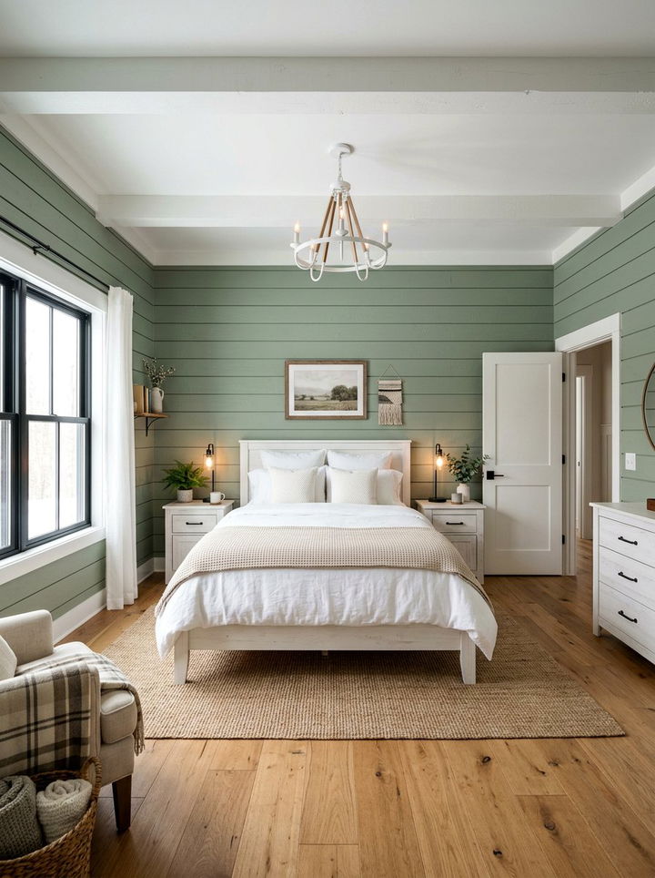 Sage green shiplap bedroom - 30 green and white bedroom ideas