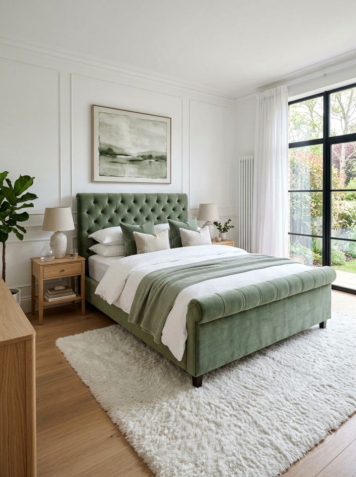 Sage green velvet bed - 30 sage and white bedroom ideas