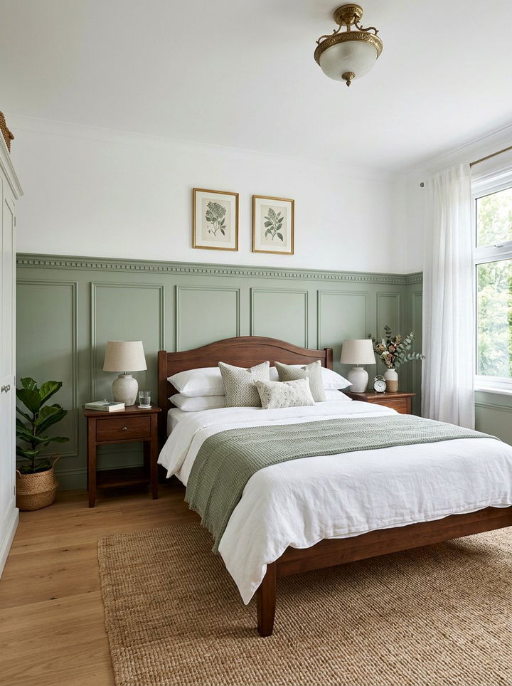 Sage green wainscoting - 30 sage and white bedroom ideas