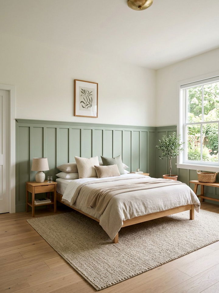 Sage green wall paneling - 30 sage and white bedroom ideas