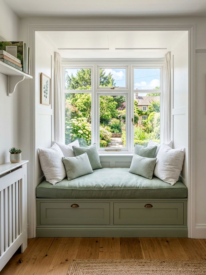 Sage green window seat - 30 sage and white bedroom ideas